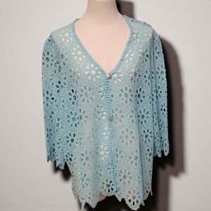BEDFORD FAIR - 1X Chic Light Blue Crochet Women's Cardigan